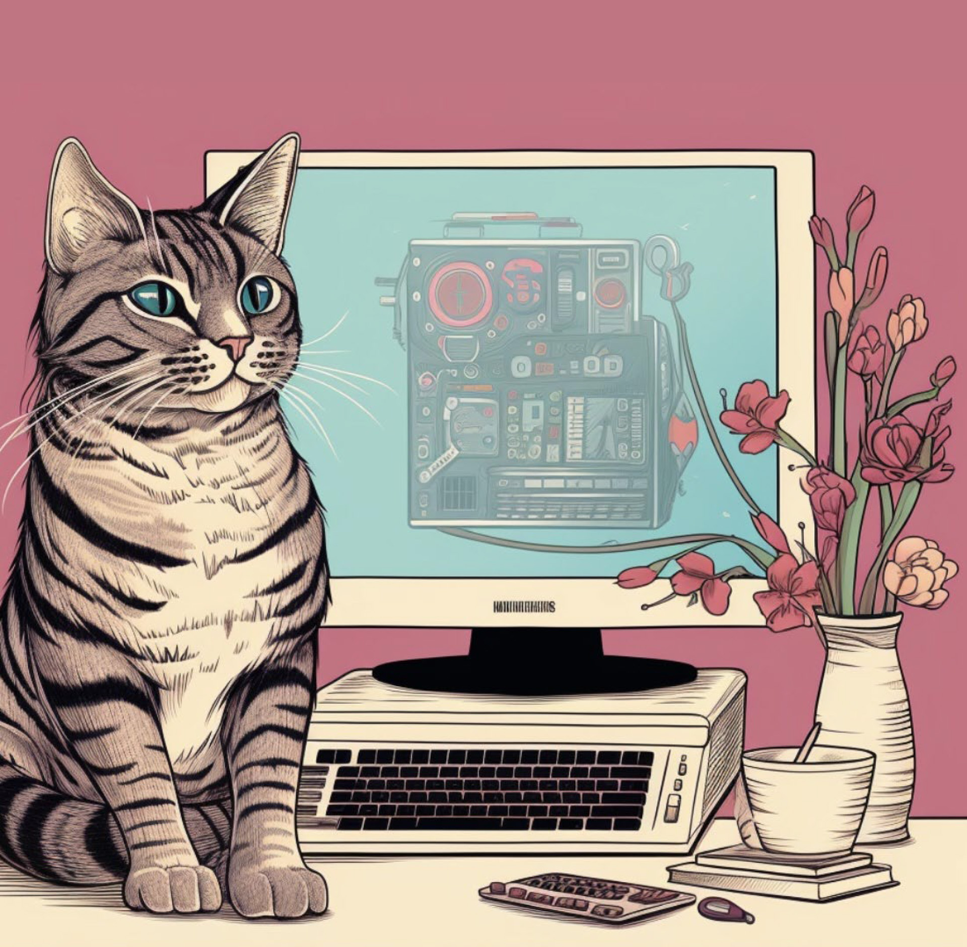 Feminist Department handbook cover with illustration of tabby cat sitting on a desk in front of a computer monitor